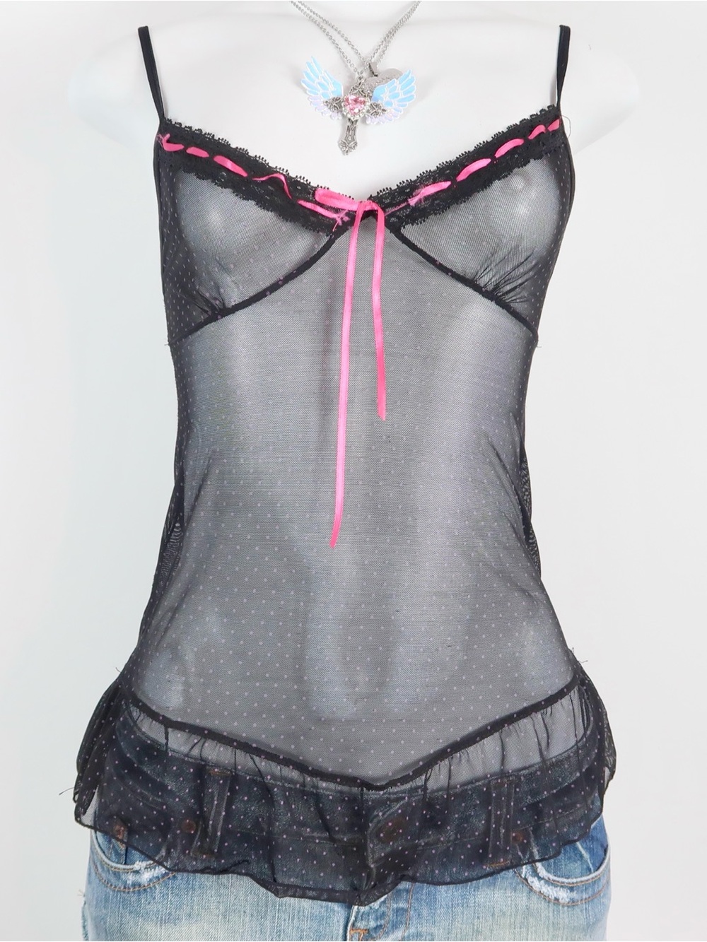 Rampage Black Sheer Mesh Chemise with Pink Ribbon